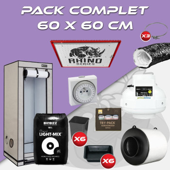 Pack complet 60x60cm – Rhino Series 130W PRO - Programmateur - Box Q60+ 60x60x160 cm - Kit de ventilation - Pots et terreaux - 