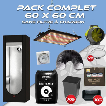 Pack complet 60x60cm – Rhino 130 - Box Hydroshoot 60 - Kit de ventilation sans filtre à charbon - Pots et terreaux - 1