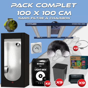 Pack complet 100x100cm – Spider pro 410 - Hydroshoot 100 - Kit ventilation sans filtre à charbon - Pots et terreaux - 1