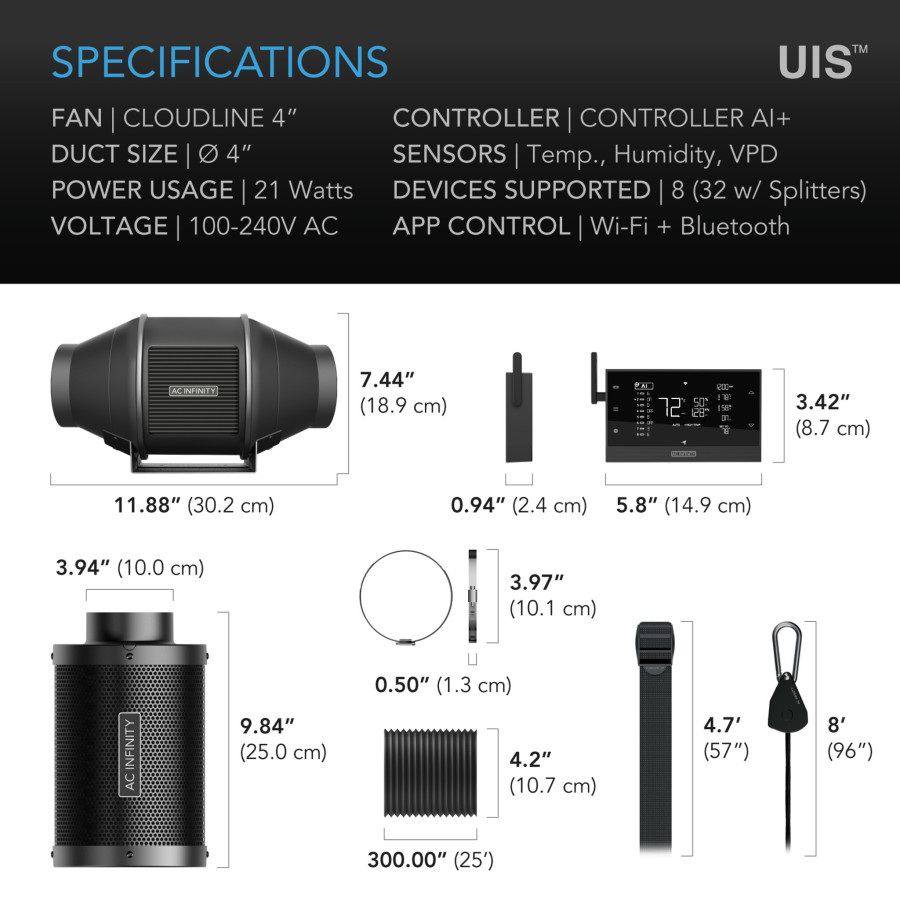 AC Infinity PRO Filterset Ø 100 mm – Rohrventilator, Smart-Controller und Aktivkohlefilter (AC-FKT4)
