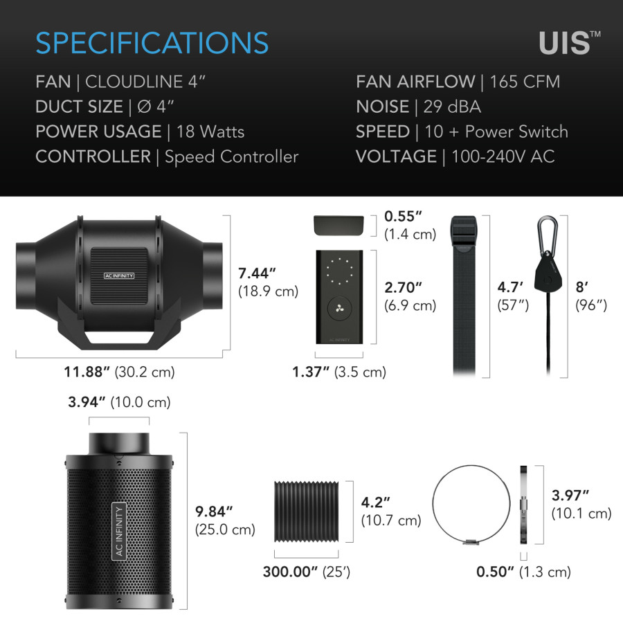 AC Infinity leises Filterset Ø 100 mm – Rohrventilator, Aktivkohlefilter und Schlauch (AC-FKS4)