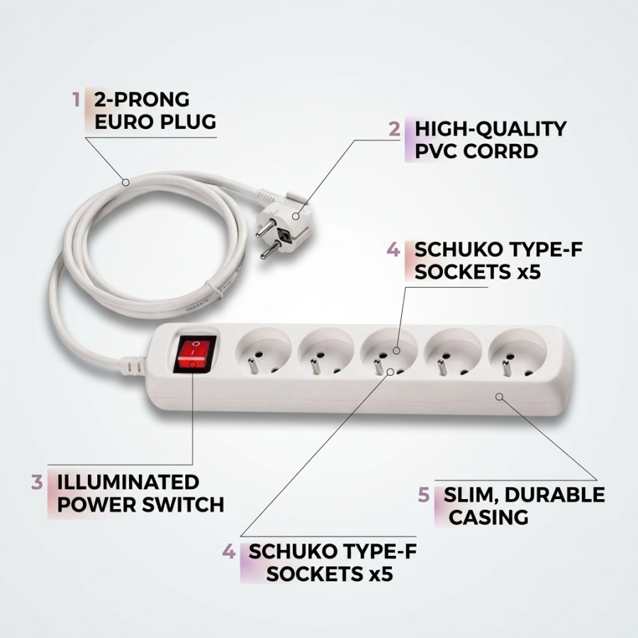 Steckdosenleiste mit 5 Steckdosen – 1 m Kabel – Schalter – MAX 3500 W