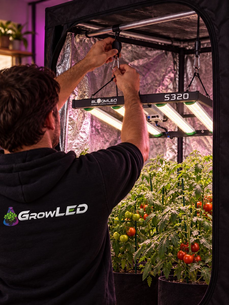Person im GrowLED-Hoodie installiert eine SpectraWILD S320 über großen Tomatenpflanzen.