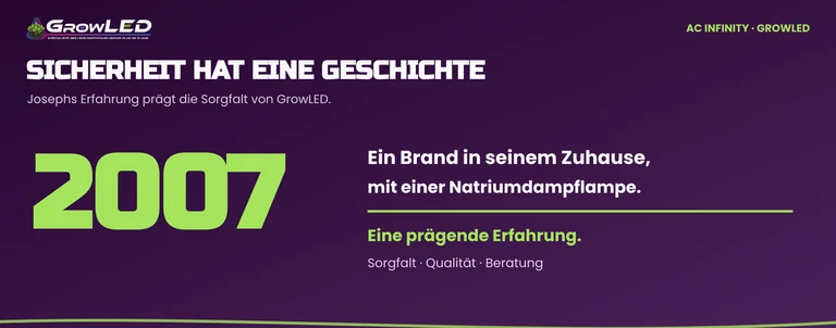 Typografische Darstellung zu Josephs Hausbrand im Jahr 2007 und zur Bedeutung der Sicherheit bei GrowLED.