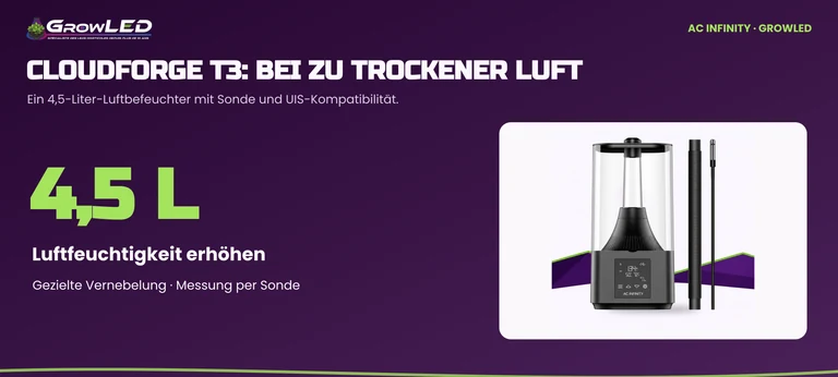 CLOUDFORGE T3 mit 4,5-Liter-Tank zur Luftbefeuchtung bei zu trockener Luft.