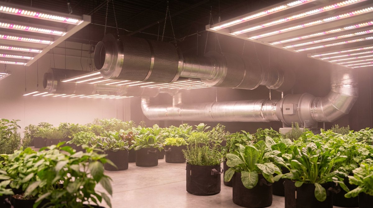 Growraum mit Abluftventilator, Aluschlauch und LED-Pflanzenbeleuchtung
