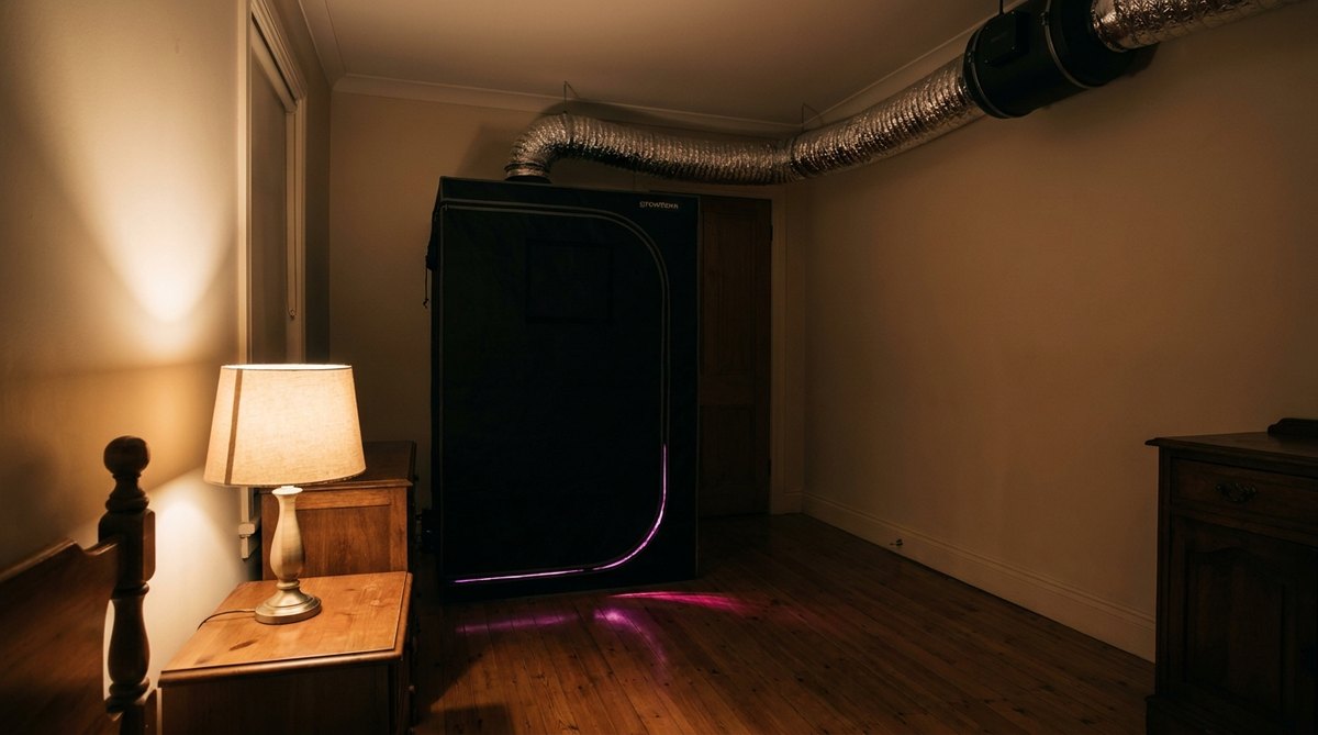 Indoor-Anbau bei Nacht, leise Abluft im Wohnraum