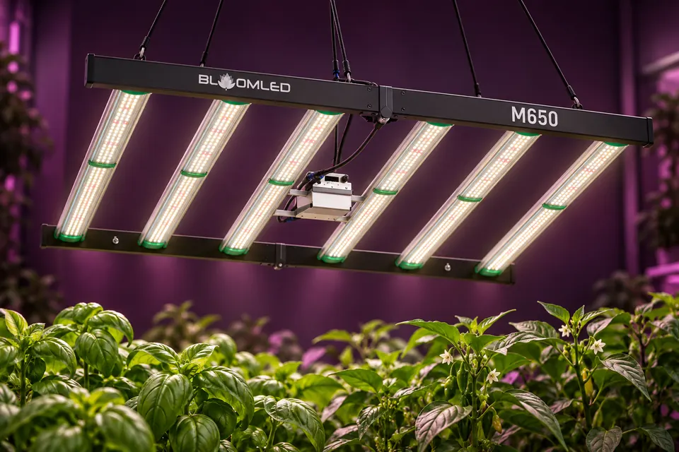 Barre LED BloomLED SpectraWILD M650 au-dessus d'une culture